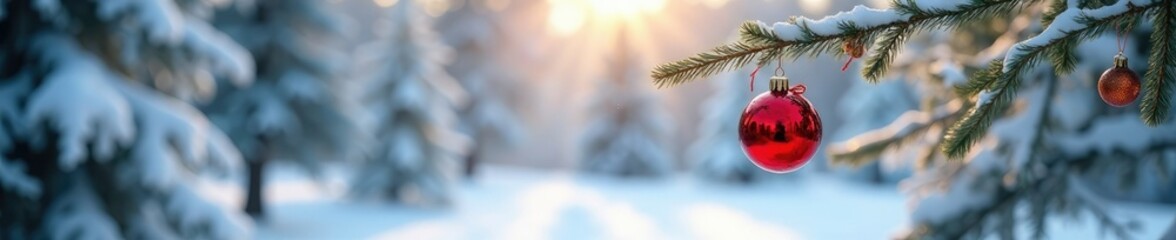Ornament-adorned branch in a snowy landscape with distant snow-covered trees, winter wonderland, festive, bokeh