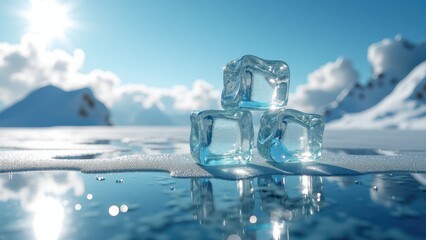 Pile of melting ice cubes on a reflective frozen surface with a snowy mountain backdrop	