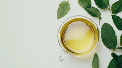 Top view of a glass cup of herbal tea surrounded by fresh mint leaves on a white background.