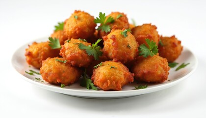 Fototapeta premium Crispy fried pakoras served on white plate. Tasty Indian snacks with herbs. Delicious vegetarian dish perfect for lunch or dinner. Isolated food item on white background.