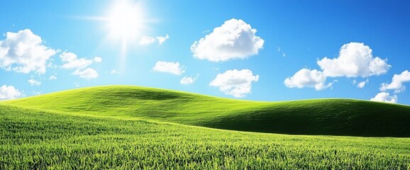 Fototapeta premium Sunny day, rolling green hills, blue sky with fluffy clouds.