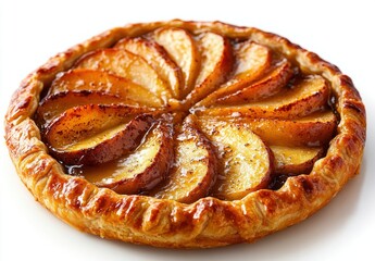 Fototapeta premium Freshly Baked Apple Tart with Glazed Slices Served on a White Surface, Perfect for Dessert and Baking Enthusiasts, Close-Up View