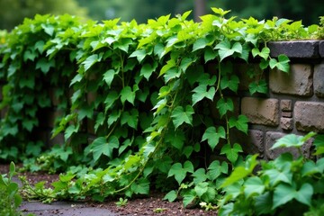 Overgrown green gooseberry vines crawling on garden stone walls, plants, overgrowth, foliage