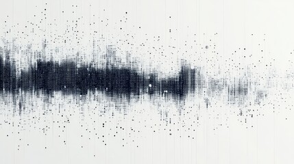 Fototapeta premium Abstract digital data visualization; grayscale texture with scattered particles forming a central band.
