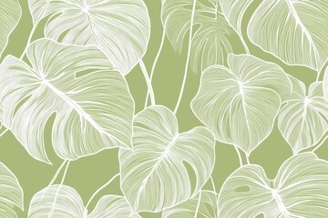 Fototapeta premium Padrão contínuo (seamless pattern) de folhas estilizadas em tons de verde com linhas delicadas em branco, criado com IA generativa.