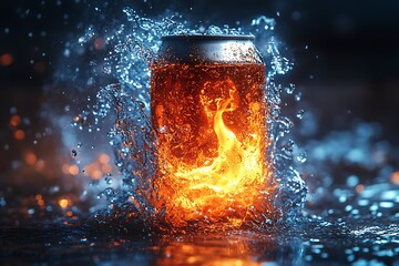 Sparkling Can of Drink Exploding in Water and Light