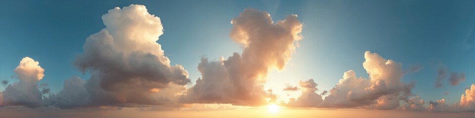 Stunning sunset sky panorama. Fluffy cumulus clouds fill sky. Sunlight paints clouds in warm hues. Perfect for 3D visualization, games, sky replacement. Aerial drone view. Ideal for nature