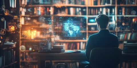 A creative representation of a futuristic study environment with holographic displays