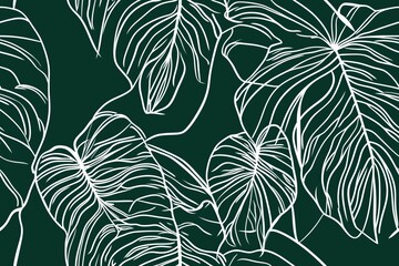 Fototapeta premium Padrão contínuo (seamless pattern) de folhas estilizadas em tons de verde com linhas delicadas em branco, criado com IA generativa.