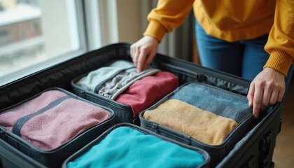 Person meticulously packing colorful packing cubes into open suitcase. Organized travel accessories, clothing items neatly arranged within compartments. Efficient vacation packing method showcased.
