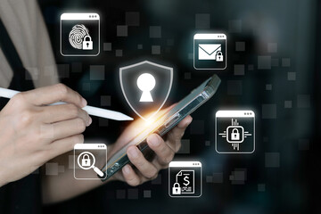 Person holding smartphone and stylus, surrounded by security shield icons, fingerprint, email and key, representing mobile security, data protection.