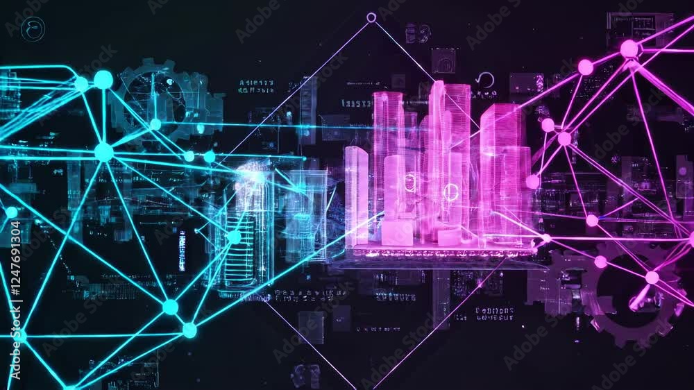 Poster abstract graphic of blue and pink lines and bars. zoom inside the space. digital simulation. molecul