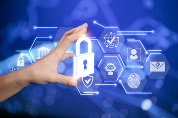 A hand holding a glowing lock icon surrounded by icons for biometrics, encryption, and other secure systems, highlighting modern digital safety mechanisms.