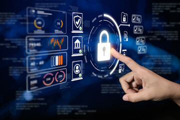 A hand pointing at a digital lock icon, surrounded by various security-related graphics and...