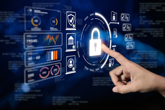 A hand pointing at a digital lock icon, surrounded by various security-related graphics and analytics dashboards, symbolizing cybersecurity and data protection