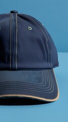 Naklejka premium A close-up of a black baseball cap on a blue background, showcasing its classic design, curved brim, ventilation eyelets, and durable fabric, ideal for casual wear and fashion accessories