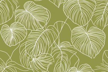 Padrão contínuo (seamless pattern) de folhas estilizadas em tons de verde com linhas delicadas em branco, criado com IA generativa.