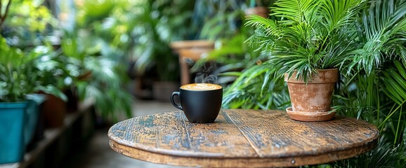 Coffee on Wooden Table in Tropical Garden