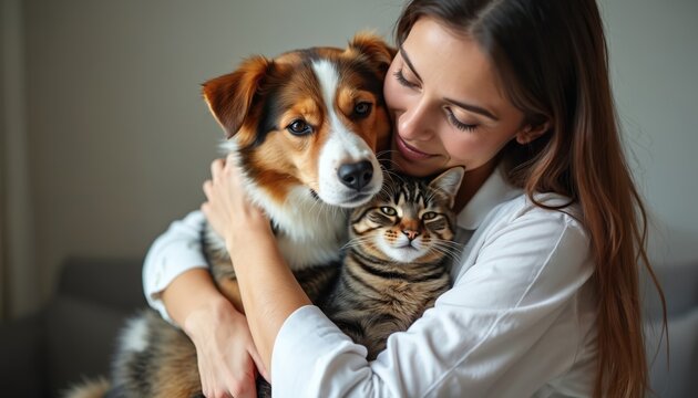 Woman lovingly embraces cat, dog. Close affectionate connection. Domestic pets show comfort, trust in embrace. Cozy home setting. Warm, caring moment. Woman, pets represent happiness, togetherness.