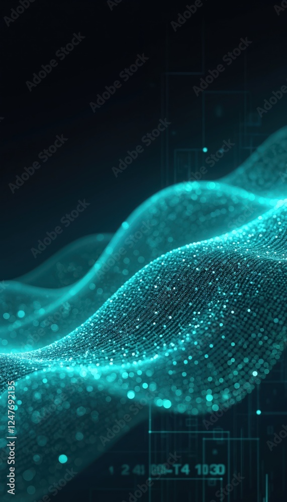 Poster abstract digital illustration shows flowing turquoise particles forming wave patterns against dark b