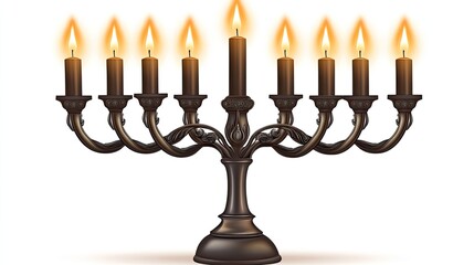 Ornate menorah with nine lit candles against a white background.