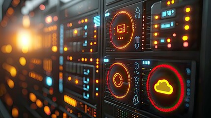 Obraz premium Futuristic Server Room: Exploring the Realm of Digital Technology and Cloud Computing