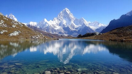 Fototapeta premium A crystal-clear mountain lake surrounded by snow-capped peaks