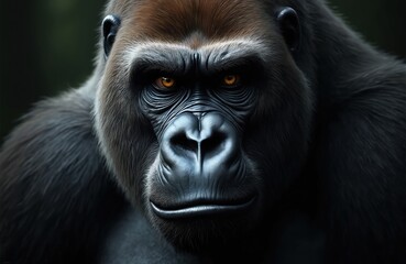 Obraz premium Close-up portrait of powerful gorilla face. Strong, hairy adult male gorilla stares intently. Dark fur, intense eyes. King Kong inspired. Wildlife animal portrait. Impressive facial details. Isolated