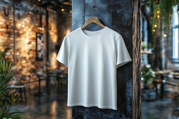 Blank cream t-shirt on wooden hanger in a trendy cafe setting.