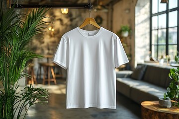 Blank cream t-shirt on wooden hanger in a trendy cafe setting.