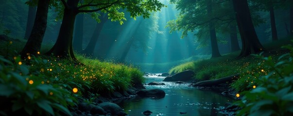 Twinkling fireflies dance above the forest's emerald canopy, fireflies, creek