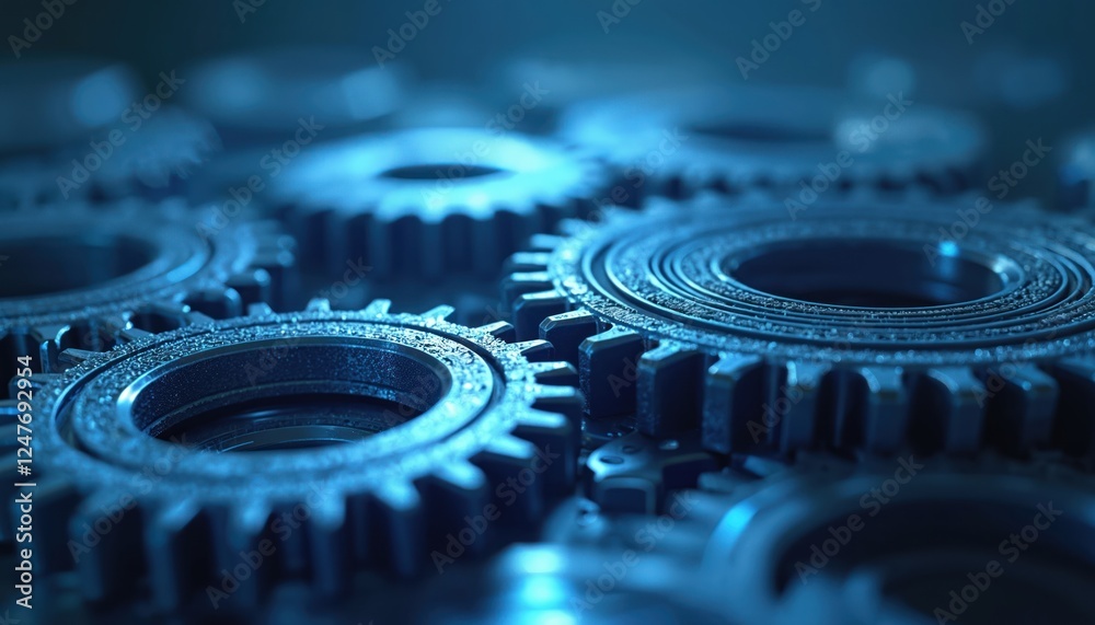 Poster abstract 3d rendering of many interconnected gears. close-up view displays intricate gear patterns i