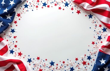 Obraz premium White backdrop decorated with American patriotic symbols. Red white, blue stars, confetti create festive border. American flags drape edges adding to patriotic theme. Ideal for Independence Day