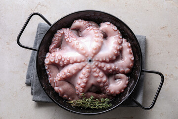 Fresh raw octopus and thyme in frying pan on grey table, top view © New Africa