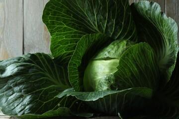 Obraz premium One ripe head of cabbage on wooden table, closeup