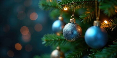 Twinkling silver blue gold ornaments hang from a lush green garland, festive lights, elegant christmas decorations