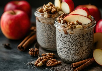 Fototapeta premium Healthy Chia Seed Pudding with Apples and Walnuts in Glass Jars Surrounded by Fresh Red Apples and Cinnamon Sticks for a Nutritious Dessert