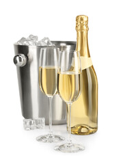 Champagne and bucket with ice isolated on white