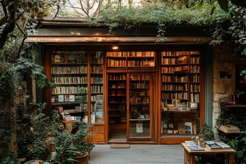 A cozy bookstore with a vintage and wooden shelves inside