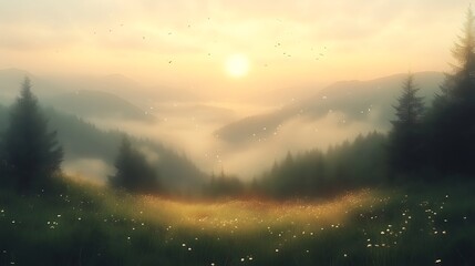 Naklejka premium Serene Sunrise Over Misty Mountain Valley Landscape