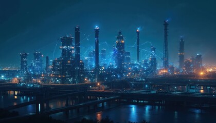 Industrial complex at night with digital network overlay. Modern factory buildings by river illuminated. Advanced tech network connects structures. Futuristic tech illustration shows automation,
