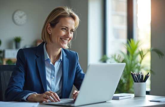 Smiling mature business executive works on laptop in office. Confident pro woman in blue suit sits at desk. Looks happy, focused. Modern office setting with plants, daylight. Possible scenarios