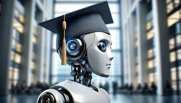 AI Robot A side profile of a robot wearing a graduation cap with a tassel  The robot's mechanical features ar2