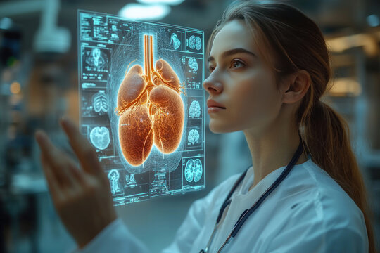 a young female doctor in a lab coat and with a stethoscope around her neck. 