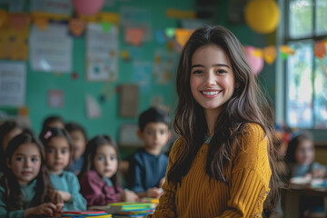 Fototapeta premium Girl smiling while sitting at a desk in a classroom with books and educational materials around her