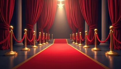 Red carpet event area with barriers, ropes. Elegant design for vip entrance. Luxury, prestige atmosphere. Suitable for film premieres galas. Image perfect for entertainment concepts. Golden
