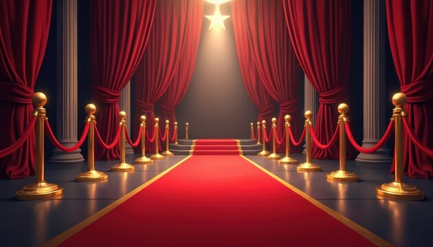 Red carpet event area with barriers, ropes. Elegant design for vip entrance. Luxury, prestige atmosphere. Suitable for film premieres galas. Image perfect for entertainment concepts. Golden