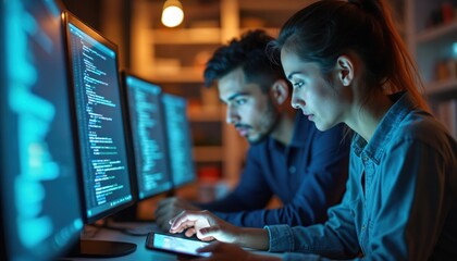 Two programmers work late at night coding on multiple screens. Collaborate on software project. Concentrated expressions show dedication to task. Image in modern office setting. Focuses on intense