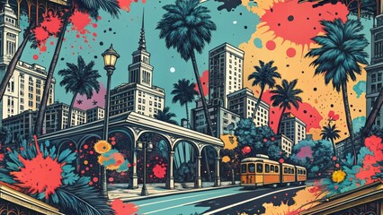 Naklejka premium Vibrant urban scene with trolley and palm trees in colorful splash art