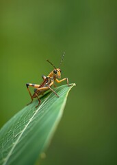 Fototapeta premium Shorthorned grasshopper or pezotettix giornae perching on green leaf in the wild india bokeh green bokeh green abstract background light bright blur pattern